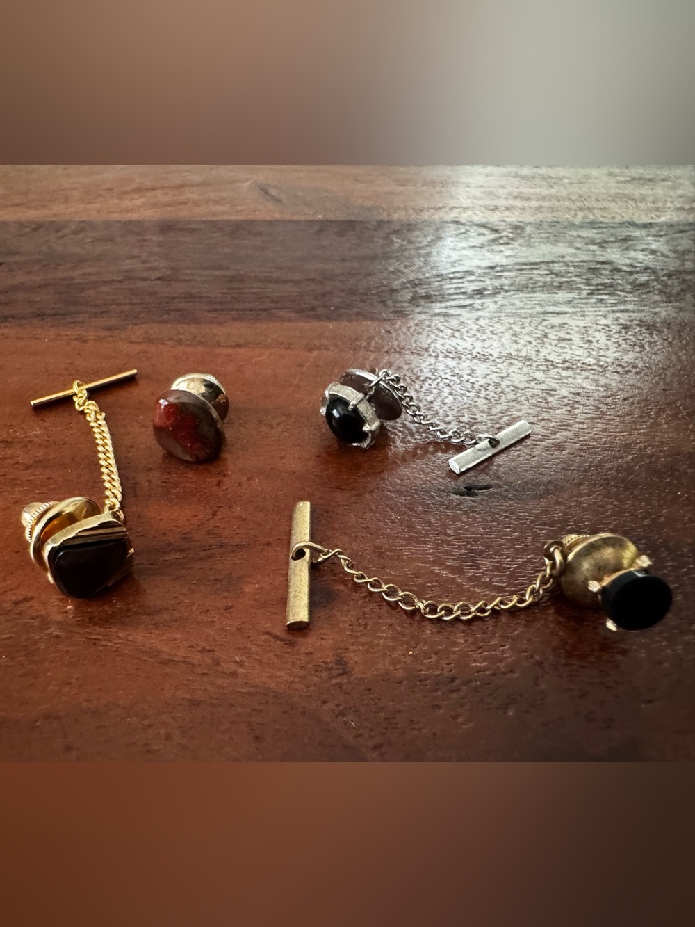 4 Vintage MCM 1960s Tie Tacks Pins Safety Chains Silver Gold Tone Stones